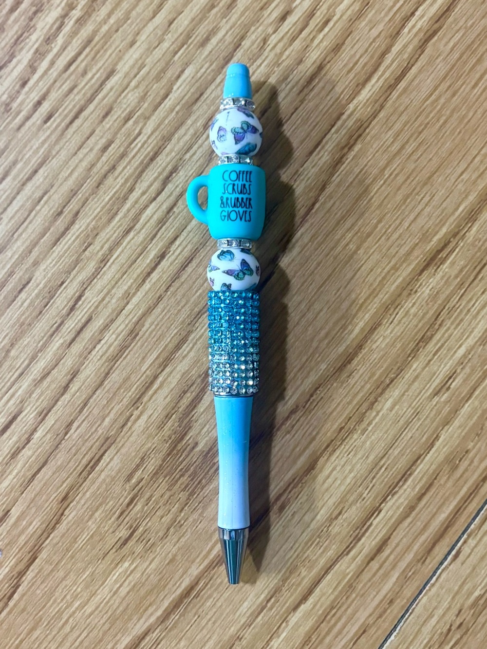 NIP Turquoise Beaded Decorative Pen Coffee,Scrubs, Rubber Gloves